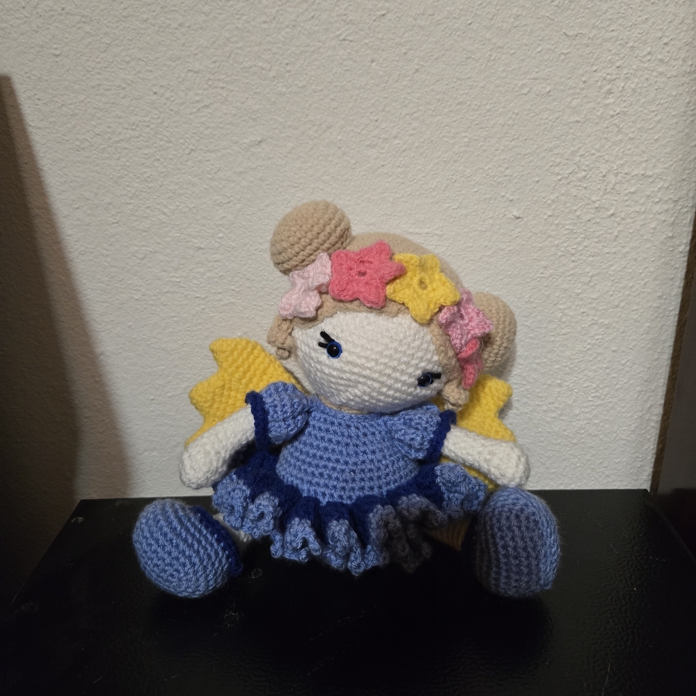 Handmade Crochet Doll with Blue Dress and Yellow Wings